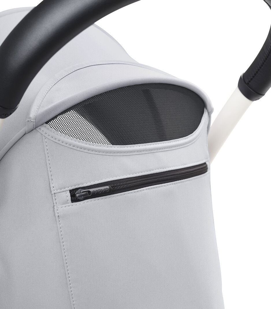 Stokke® YOYO3® 6+ Stone. White Frame. Canopy ventilation open, close-up. galery image 6